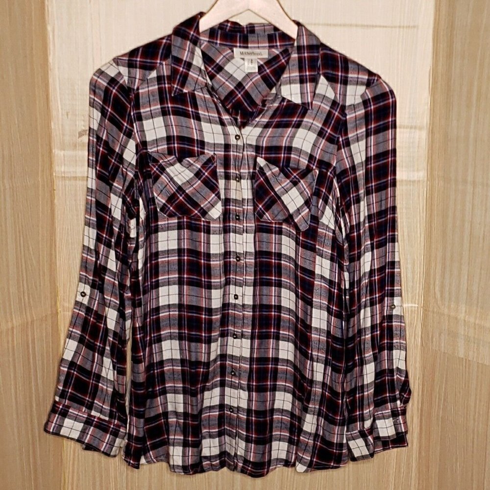 Motherhood Maternity Blue Plaid Silky Button Down Blouse Lace Detail Med…